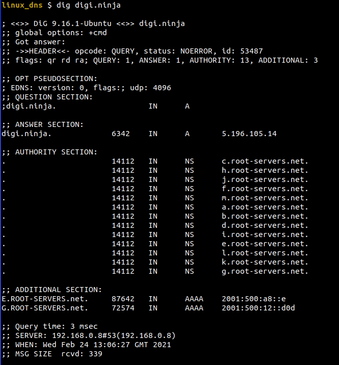 Dig in linux showing the various sections of a DNS response