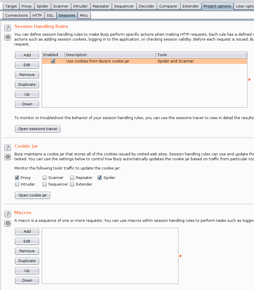 Highlighting selecting the Project Options tab, then Sessions, then Add button in Macros