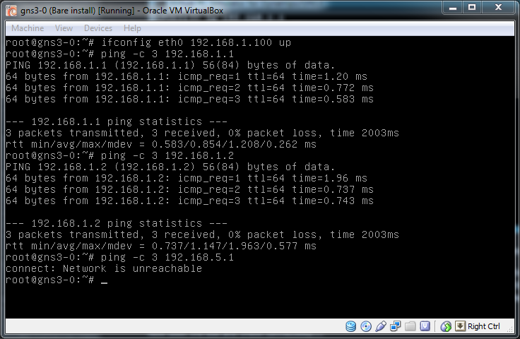 Debian pinging the three machines to test connectivity