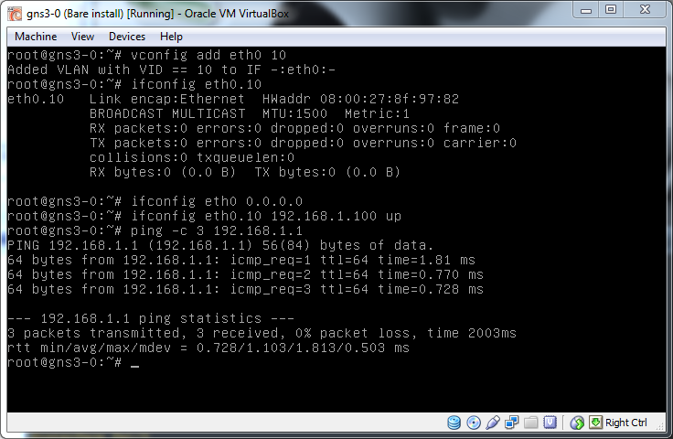 Putting eth0 on VLAN 10 and checking connectivity