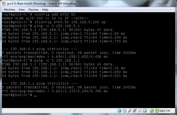 Putting eth0 on VLAN 50 and checking connectivity, also confirm it can still talk to VLAN 10