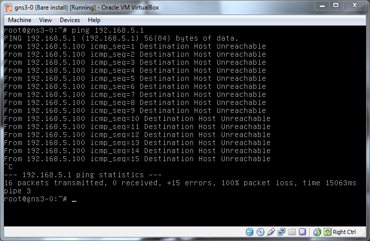 Confirming no connectivity when simply moving VBox1 to the 192.168.5.0/24 subnet