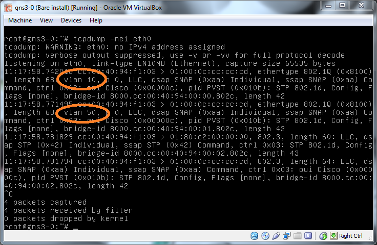 Output from tcpdump showing tagged packets which reveal VLAN IDs