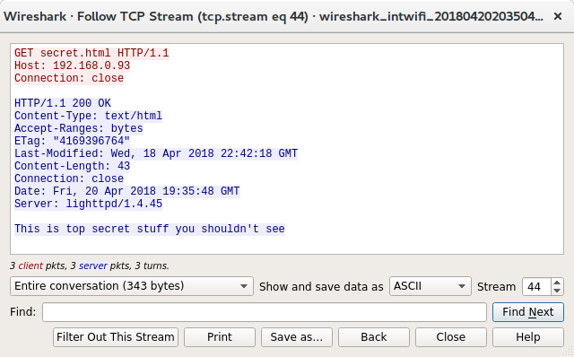 Wireshark view of Burp's request showing the secret message