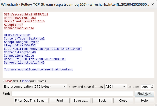 Wireshark view of the curl command created by Burp with a rejection message