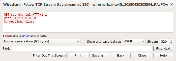 Wireshark view of the request being sent through netcat