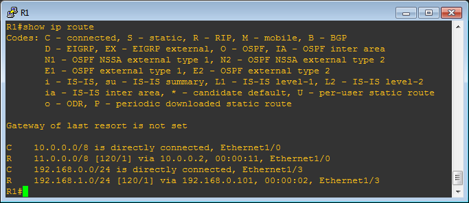 Showing the routes on R1, 192.168.1.0 is poisoned to the VBox machine