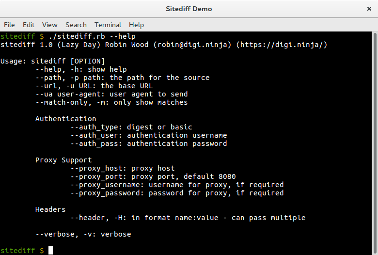 Sitediff showing help output