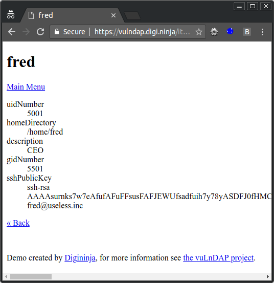 A search for Fred, this time adding the sshPublicKey filter which returns Fred's public SSH key.