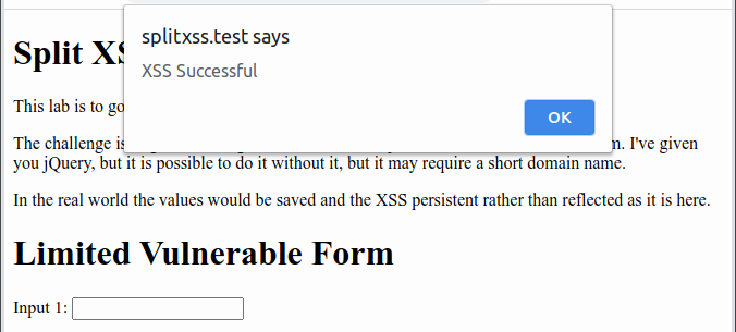 The basic JavaScript payload executing and showing an alert box